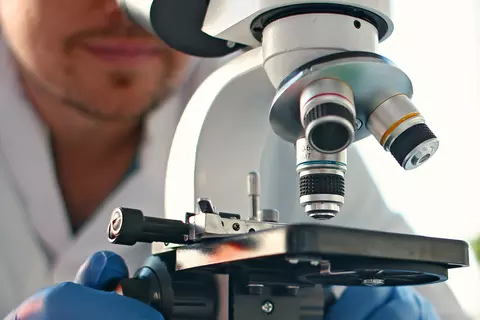 Ein Mann mit Bart schaut in ein Mikroskop